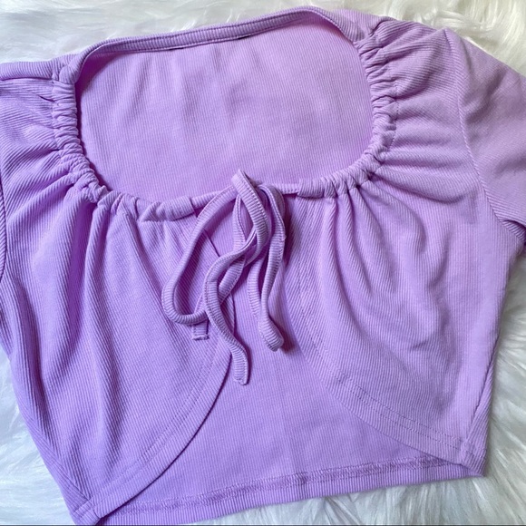 Purple Tie Front Ribbed Crop T-shirt Top - Picture 5 of 7
